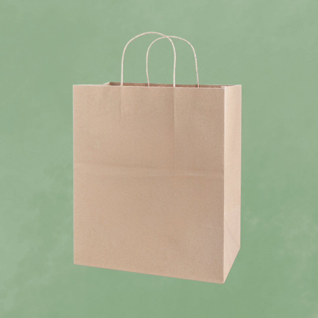 Grocery carry paper bags with twisted handles.